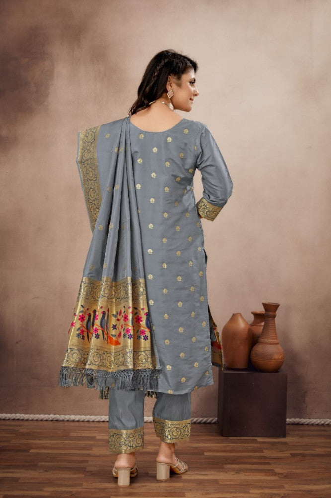 Paithani Sico Silk Unstitched Grey Suit Style 1