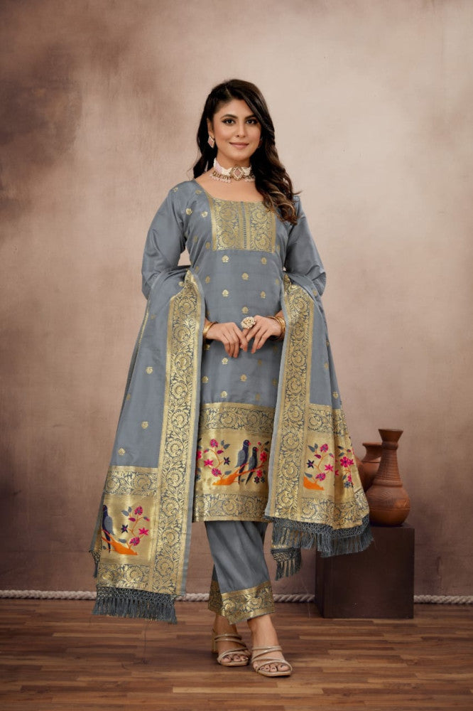 Paithani Sico Silk Unstitched Grey Suit Style 1