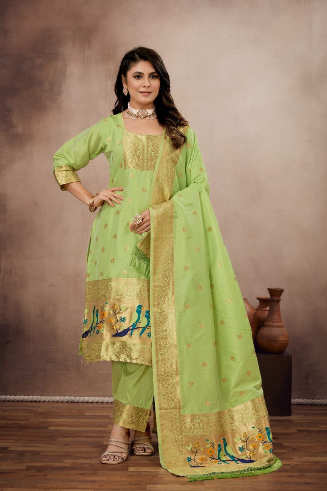 Paithani Sico Silk Unstitched Light Green Suit