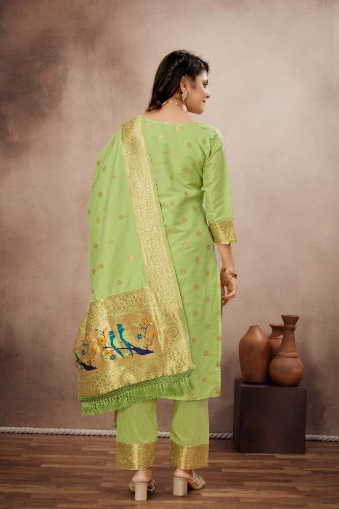 Paithani Sico Silk Unstitched Light Green Suit