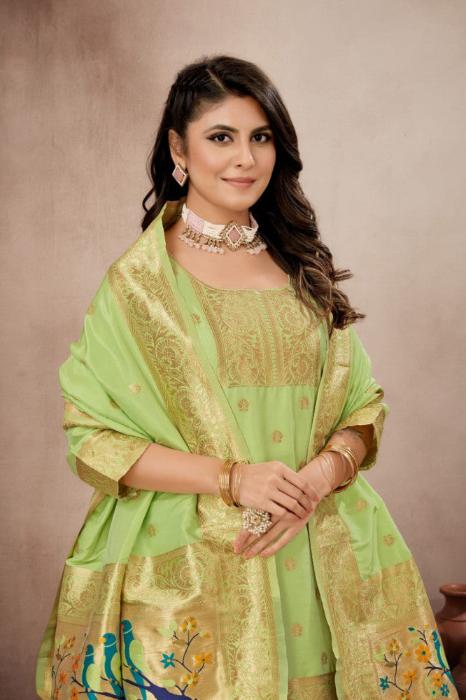 Paithani Sico Silk Unstitched Light Green Suit