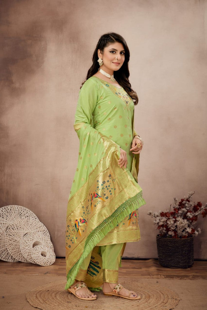 Paithani Sico Silk Unstitched Light Green Suit Style 1
