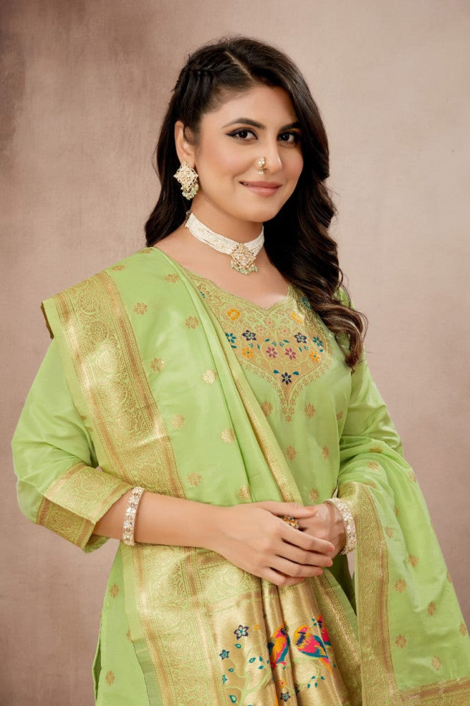 Paithani Sico Silk Unstitched Light Green Suit Style 1