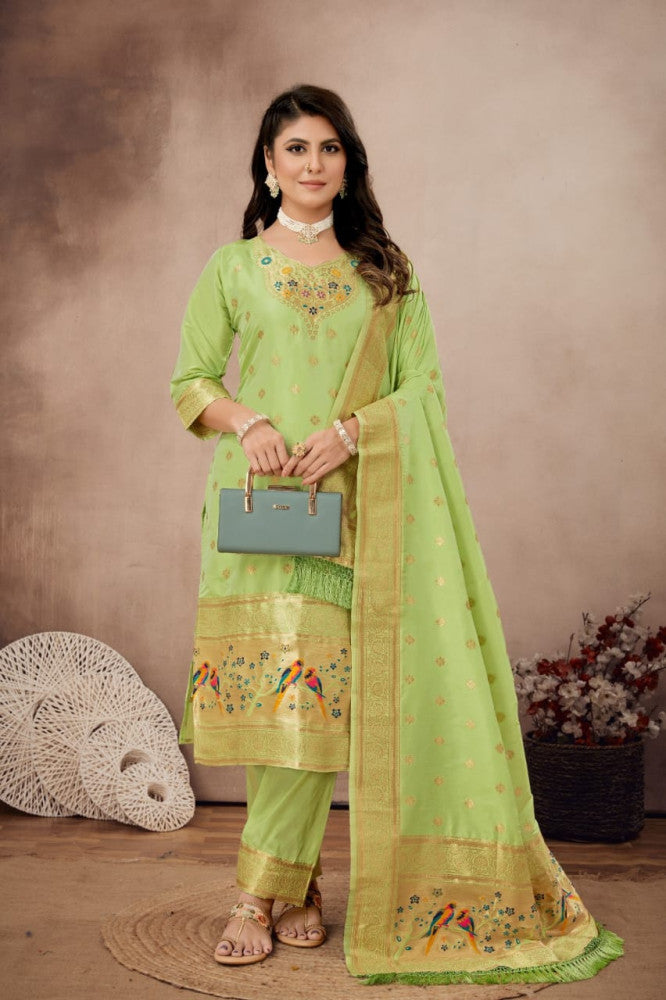 Paithani Sico Silk Unstitched Light Green Suit Style 1