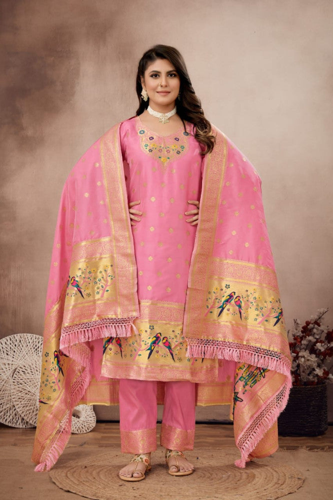 Paithani Sico Silk Unstitched Peach Suit