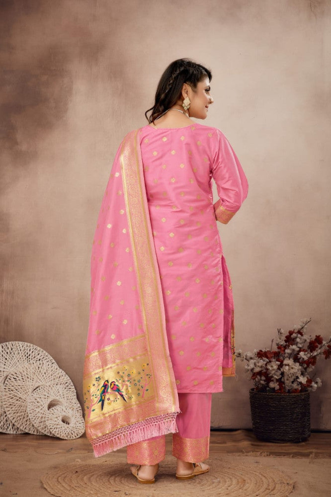 Paithani Sico Silk Unstitched Peach Suit