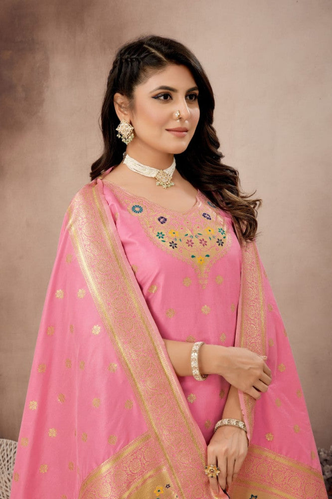 Paithani Sico Silk Unstitched Peach Suit
