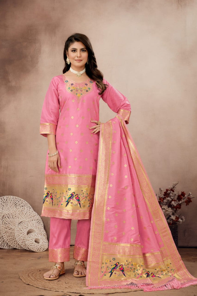 Paithani Sico Silk Unstitched Peach Suit