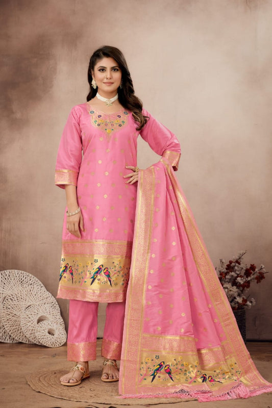 Paithani Sico Silk Unstitched Peach Suit