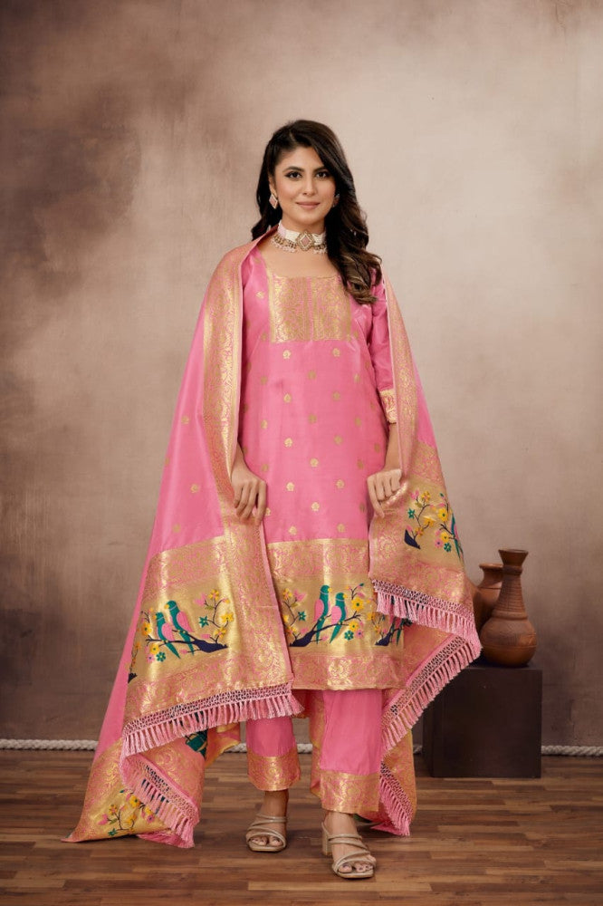 Paithani Sico Silk Unstitched Peach Suit Style 1