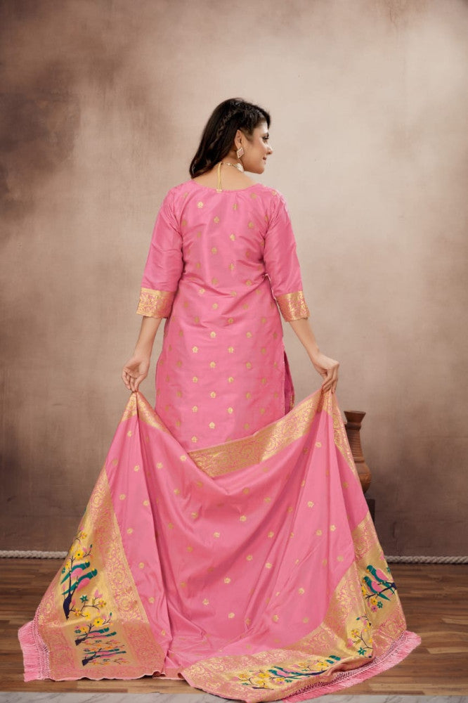 Paithani Sico Silk Unstitched Peach Suit Style 1