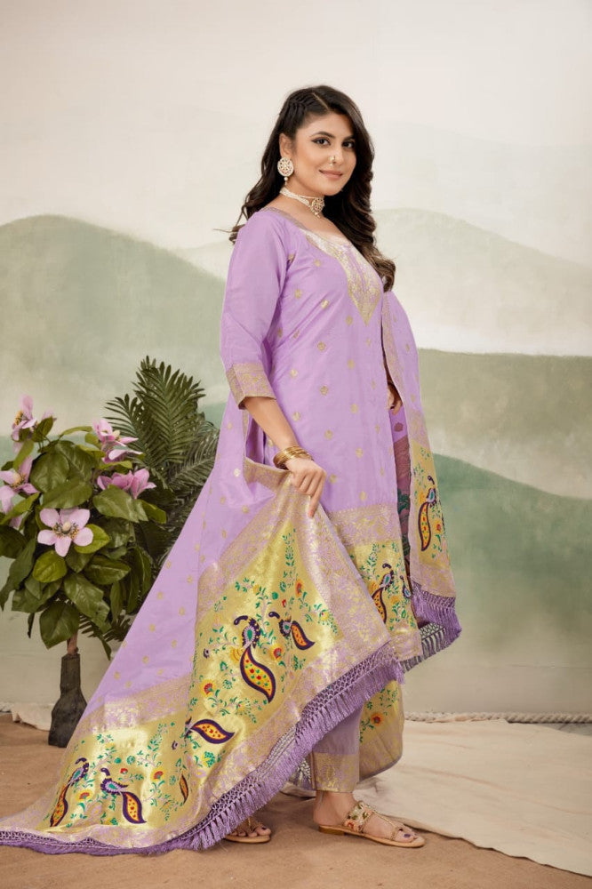 Paithani Sico Silk Unstitched Purple Suit