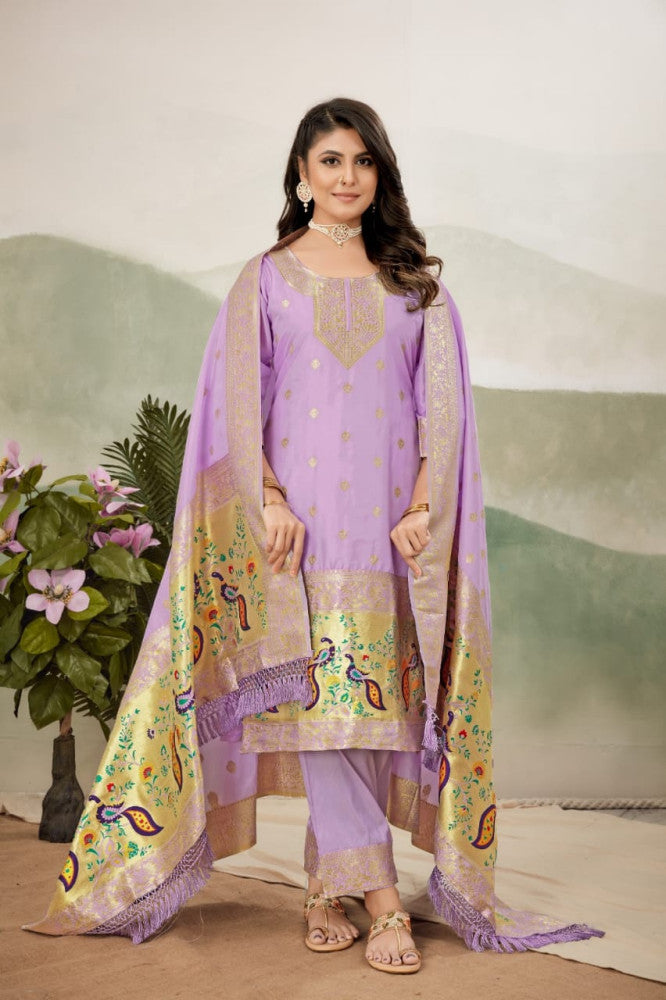 Paithani Sico Silk Unstitched Purple Suit