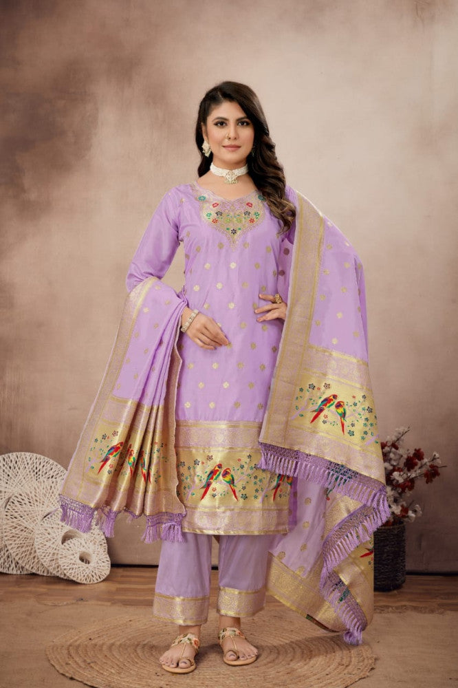 Paithani Sico Silk Unstitched Purple Suit