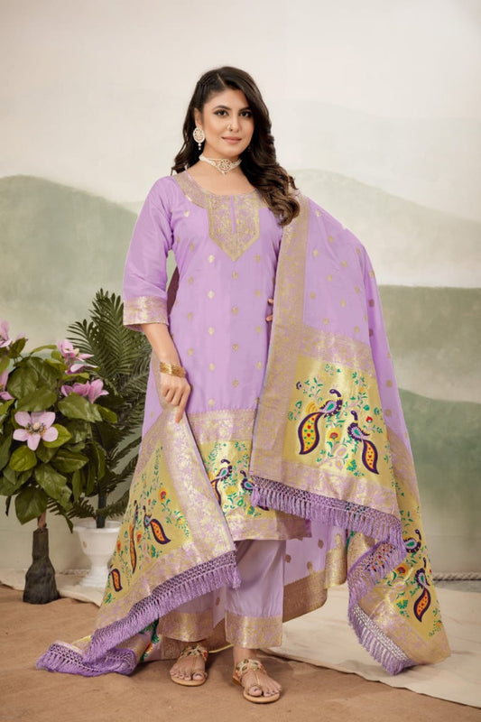 Paithani Sico Silk Unstitched Purple Suit
