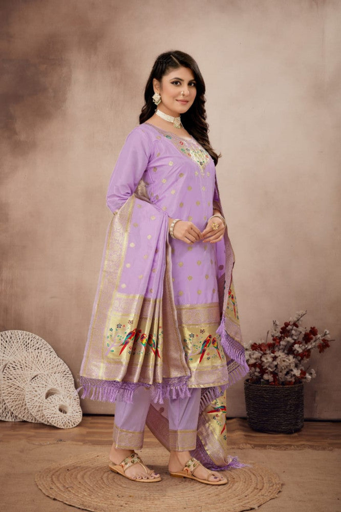 Paithani Sico Silk Unstitched Purple Suit Style 1