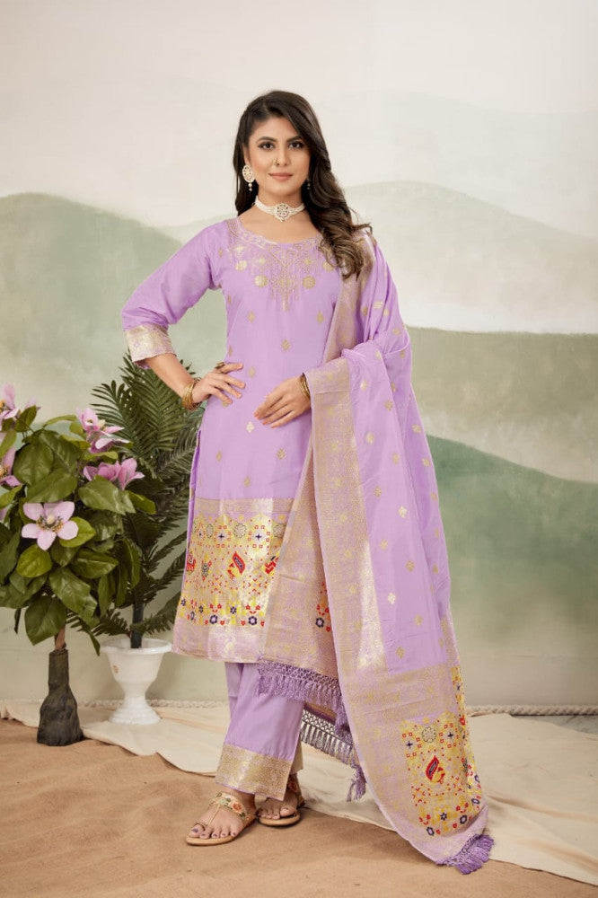 Paithani Sico Silk Unstitched Purple Suit Style 1