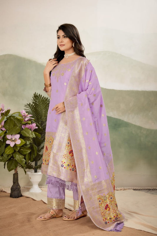 Paithani Sico Silk Unstitched Purple Suit Style 1