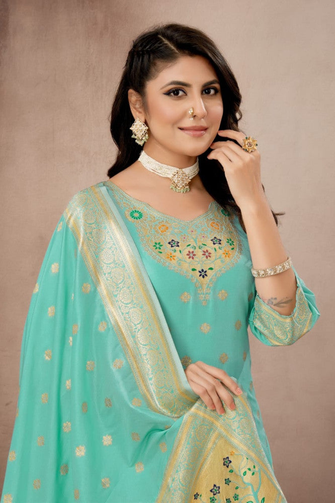 Paithani Sico Silk Unstitched Sky Blue Suit