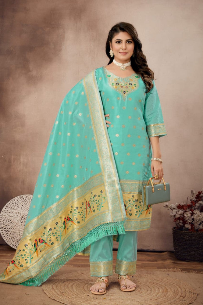 Paithani Sico Silk Unstitched Sky Blue Suit