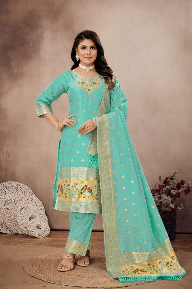Paithani Sico Silk Unstitched Sky Blue Suit