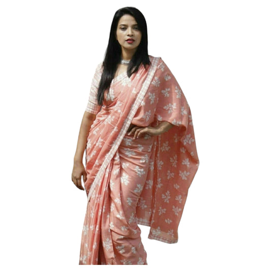 Peach and White colour Bagru Print Saree