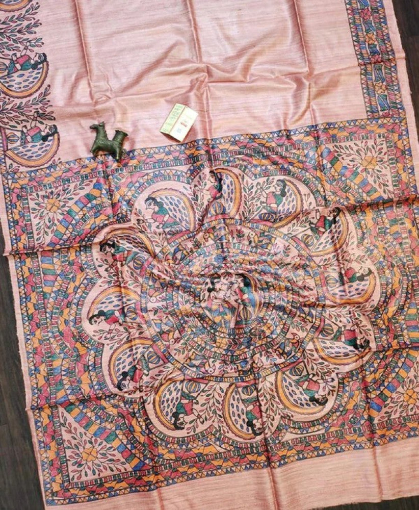 Peach Madhubani Hand Painted Tussar Ghicha Saree