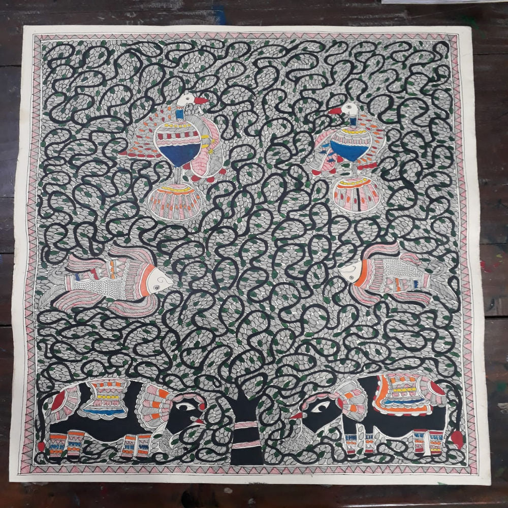 Peacocks Elephants & Fishes madhubani painting