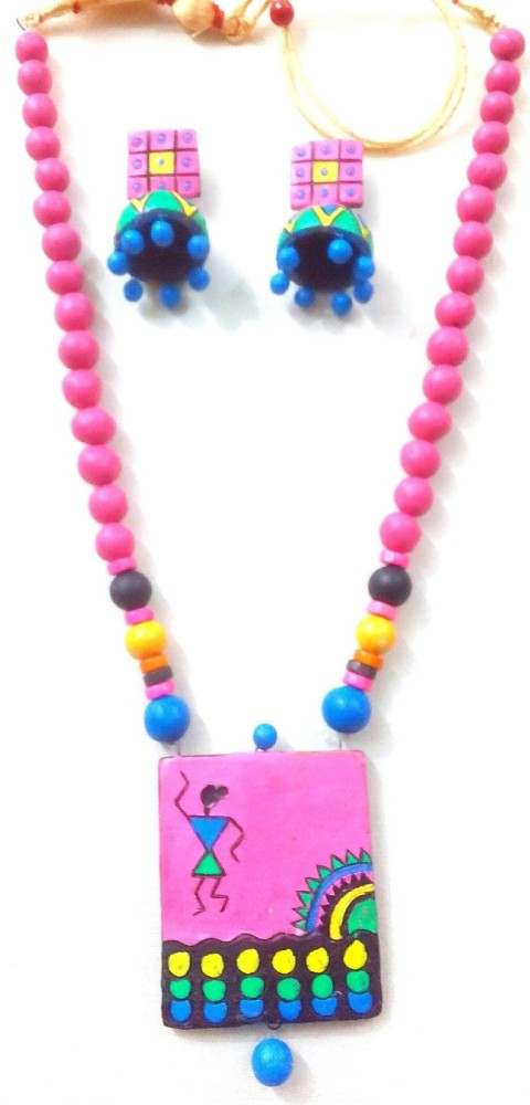 Pink And Blue Bankura Panchmura Terracotta Craft Necklace Jewellery Set