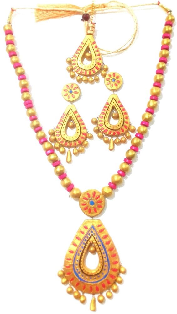 Pink and Golden Bankura Panchmura Terracotta Craft Necklace Jewellery Set