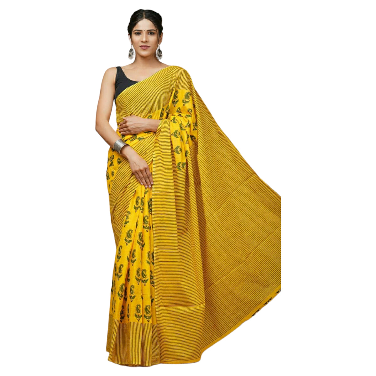 Bagru Print Sarees In Yellow Pink & Blue Colour