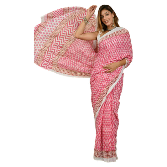 Pink Colour with White Boarder Bagru Printed Saree