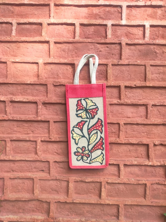 Pink & Off White Khovar Jute Bottle Bag
