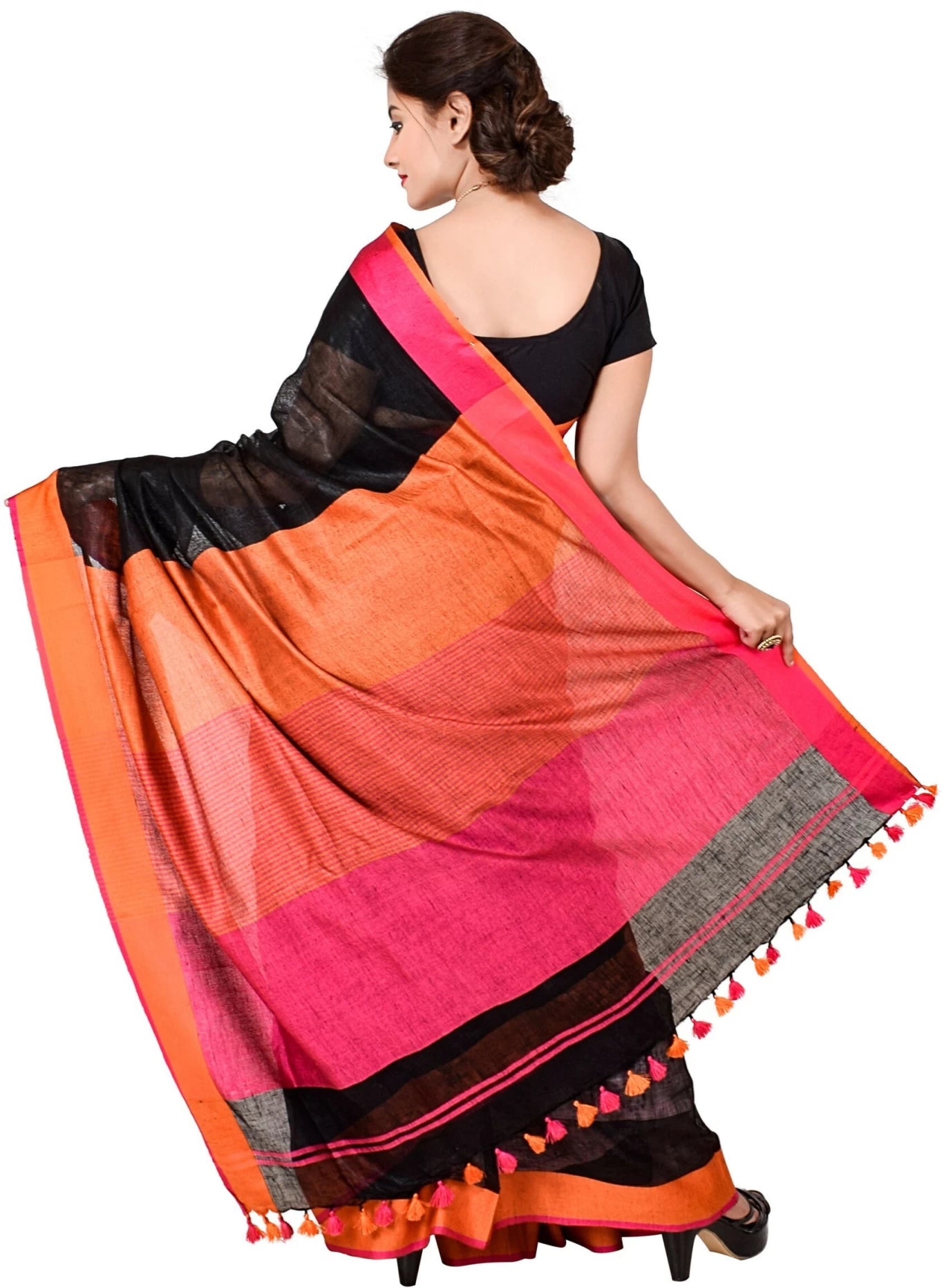 Plain Handloom Linen Saree (Black)