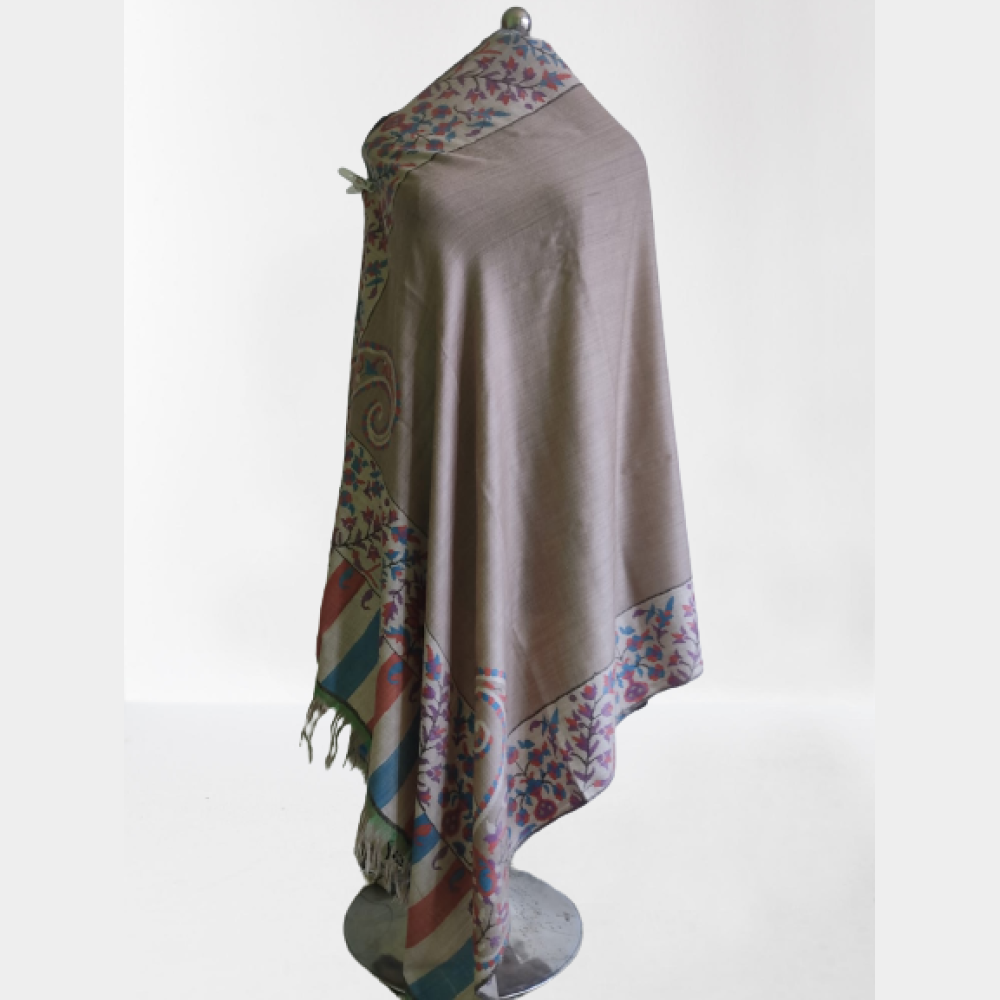 Plain Light Brown Floral Boarderd Kani Shawl