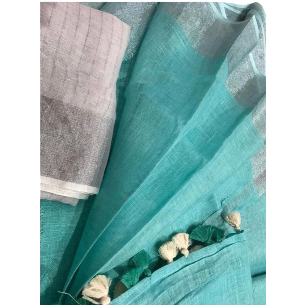 Plain Linen Saree Light Blue With Silver Border