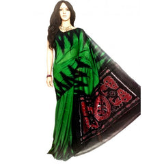 Traditional Pochampally Ikat Handmade Cotton Saree in Green & Black Color for Women