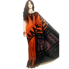 Traditional Pochampally Ikat Handmade Cotton Saree in Orange & Black Color for Women