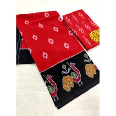 Traditional Pochampally Ikat Handmade Cotton Saree in Red & Black Color for Women