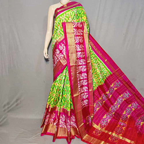 Pochampally Ikat Bright Green Pink Saree