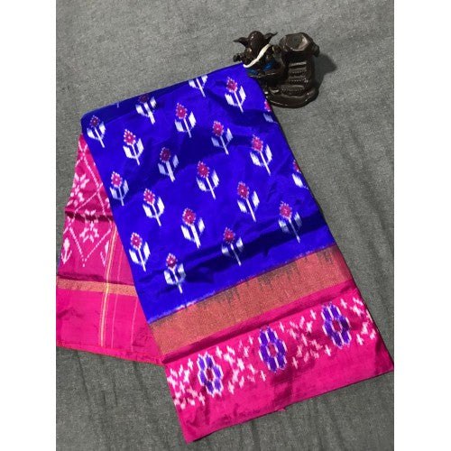 Pochampally Ikkat Beautiful Light Weighted Silk Dark Blue Colour & Pink Border Saree for Women