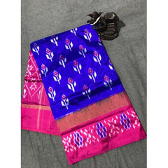 Pochampally Ikkat Beautiful Light Weighted Silk Dark Blue Colour & Pink Border Saree for Women