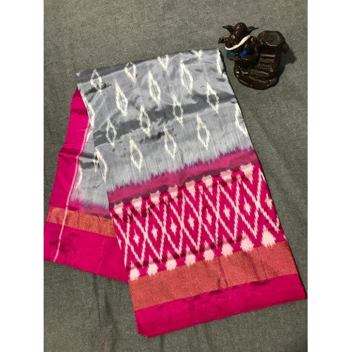 Pochampally Ikkat Beautiful Light Weighted Silk Grey Colour & Red Border Saree for Classic Women