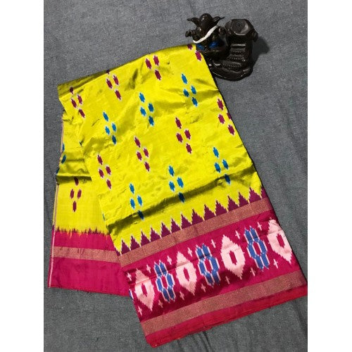Pochampally Ikkat Beautiful Light Weighted Silk Yellow Colour & Red Border Saree for Classic Wom