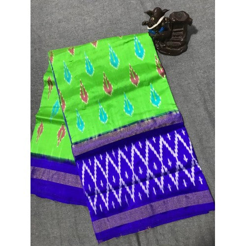 Pochampally Ikkat Beautiful Light Weighted Silk Parrot Colour & Dark Blue Border Saree for Class