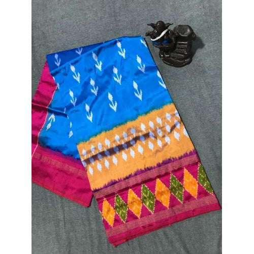 Beautiful Pochampally Ikkat Light Weighted Silk Sky Blue Colour & Red Border Saree for Classic W