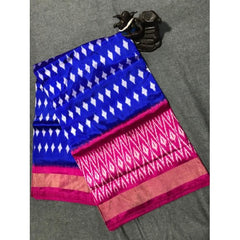 Pochampally Ikkat Beautiful Light Weighted Silk Dark Blue Colour & Pink Border Saree for Classic