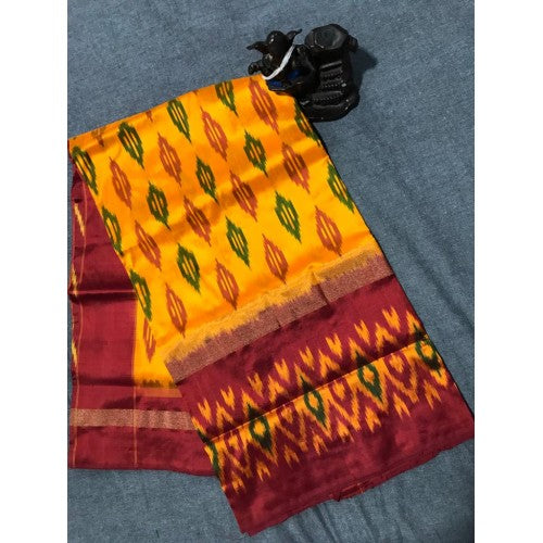 Pochampally Ikkat Beautiful Light Weighted Silk Yellow & Red Mix Colour Saree for Classic Women
