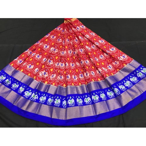 Alluring Pochampally Ikat Beautiful Red Color- Blue Border Lehanga for Women