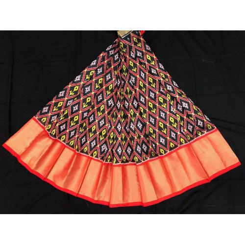 Alluring Pochampally Ikat Beautiful Black Colour Yellow Pattern Red Border Big Size Lehanga for Wome